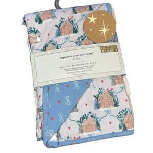 Cupcakes And Cashmere Baby Blanket Reversible Gingerbread House Blue Bow Tie New